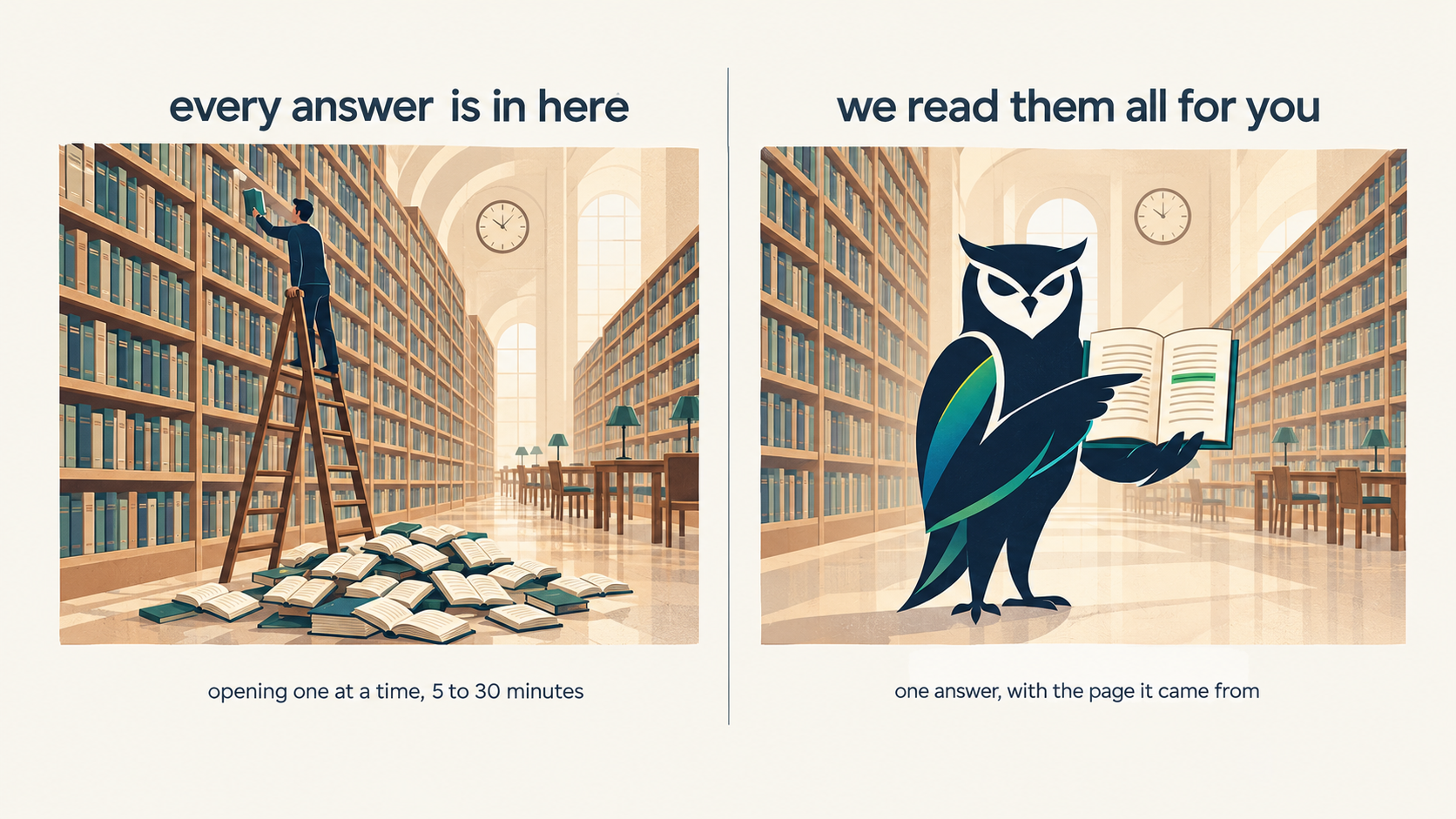A person climbing a ladder through endless library shelves, beside an owl handing over a single open book.